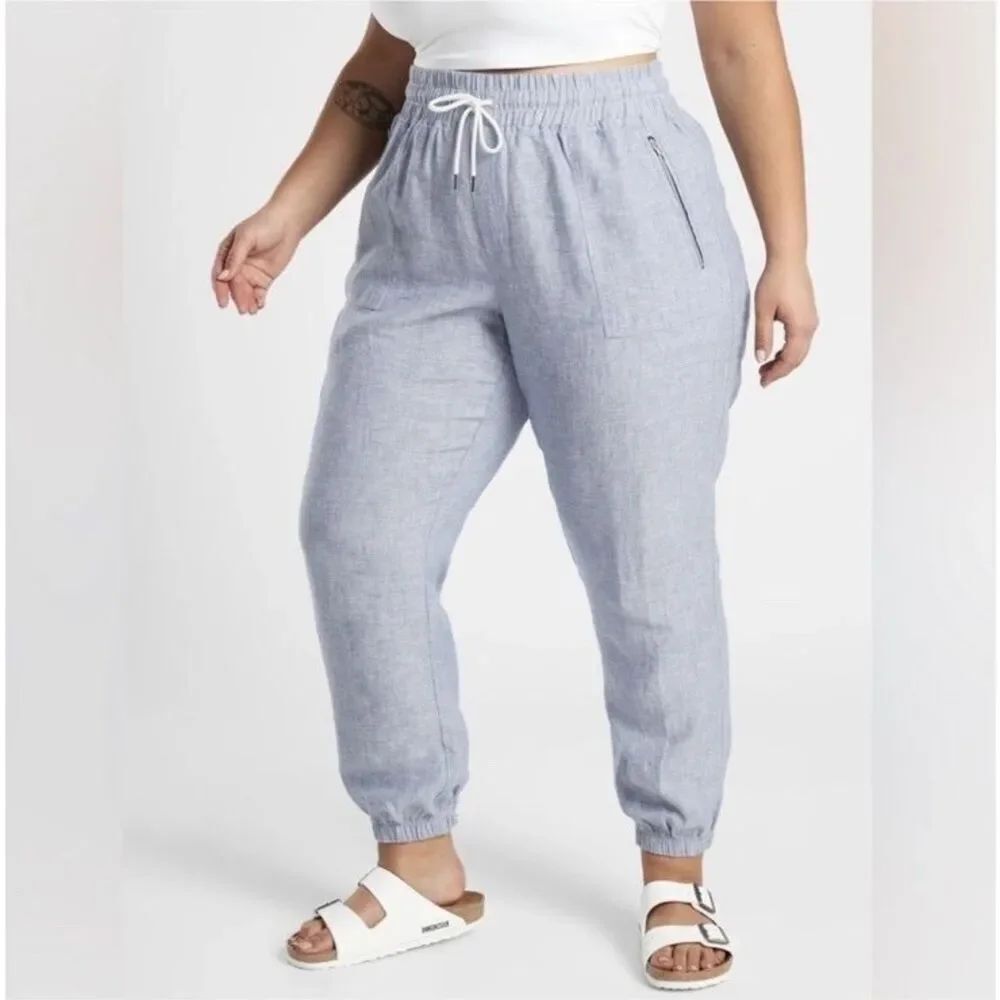 Athleta Linen Cabo Jogger Pants Blue Chambray Travel Beach Outdoor Women Sz 14T